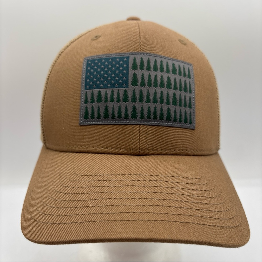 Columbia FlexFit Mesh Tree Flag Hat Tan‎ M/L Fitted Stretch Baseball Cap Outdoor